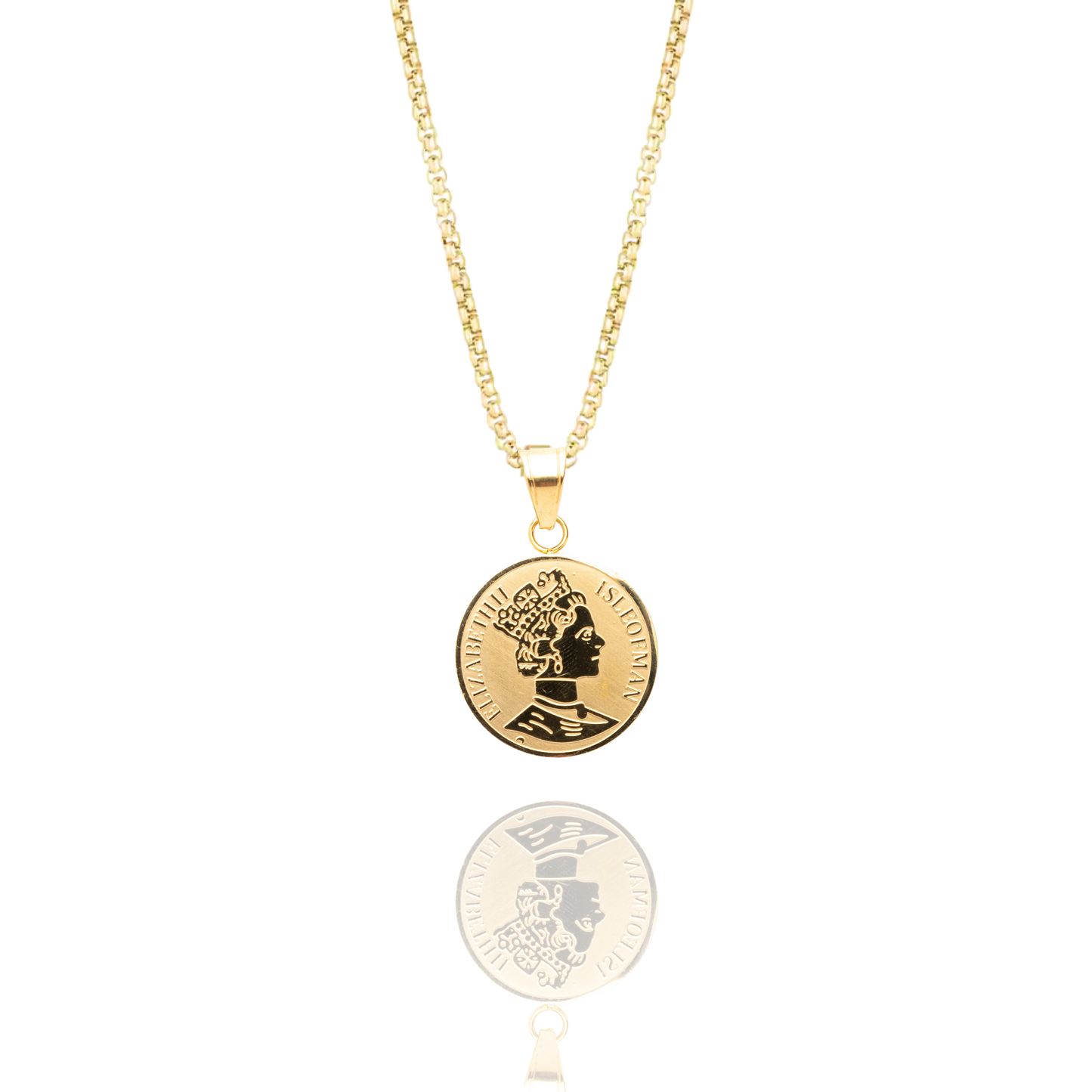 Queen Elizabeth II Coin Pendant + Curved Box Chain Necklace