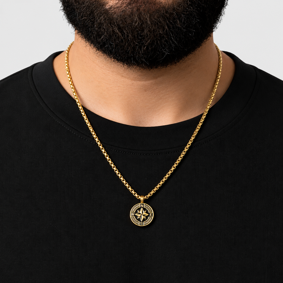 Nautical Compass Pendant + Curved Box Chain Necklace